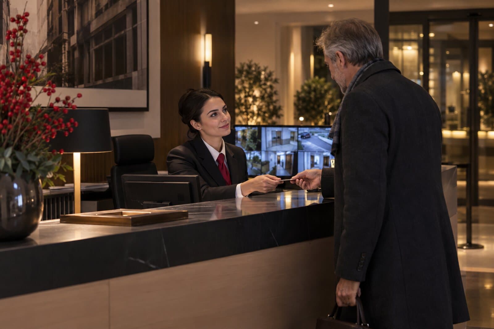 Addetta ai servizi fiduciari disarmati assiste un residente alla reception.